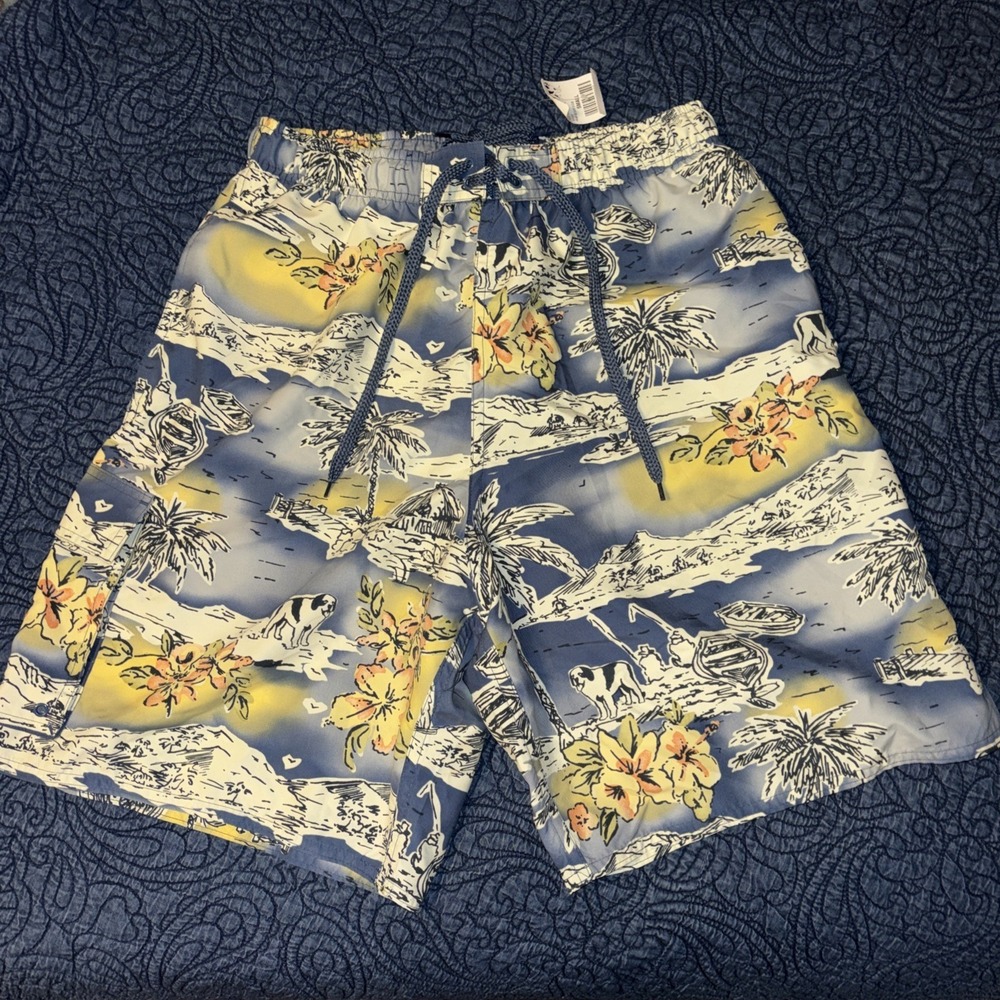 NWT Big Dog Board Shorts Swim Sz S Floral Fishing Dogs Ocean Boats Cargo Pocket